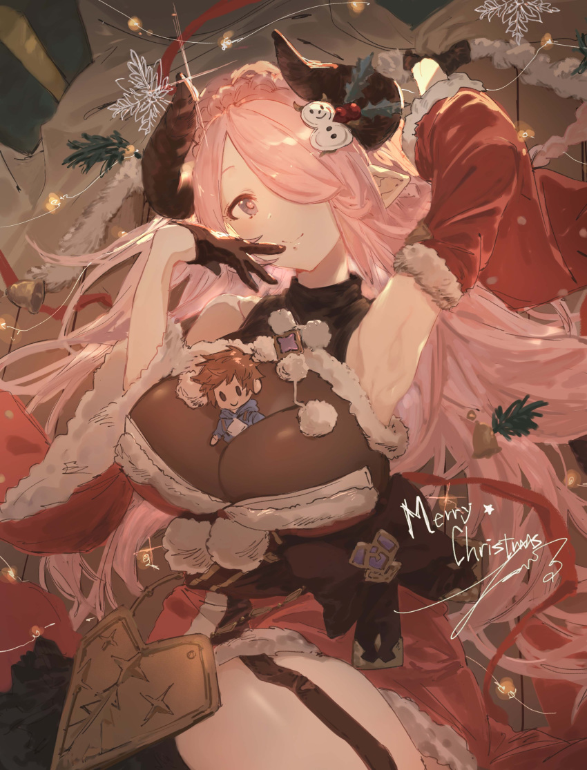 absurdres animal_ears arm_up between_breasts black_gloves black_ribbon blue_eyes bodystocking breasts character_doll christmas detached_sleeves draph female fur_trim garter_straps gloves gran_(granblue_fantasy) granblue_fantasy hair_over_one_eye half_gloves highres horn_ornament horns looking_at_viewer merry_christmas narmaya_(granblue_fantasy) narmaya_(holiday)_(granblue_fantasy) official_alternate_costume pink_hair ribbon santa_costume smile snowflakes snowman_hair_ornament thighhighs tsuiru