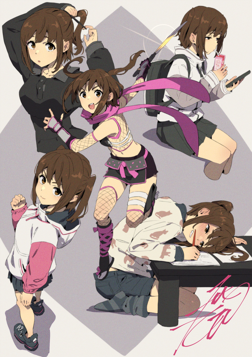 armor black_shirt black_shorts breastplate brown_eyes brown_hair cellphone clenched_hand collage cropped_torso dagger drawing drinking female fingerless_gloves fishnet_thighhighs fishnets full_body gloves head_on_table highres holding holding_pen holding_weapon hood hoodie juice_box knife kobayashi_gen long_scarf looking_at_phone looking_at_viewer looking_up ninja open_mouth pen phone pink_scarf sakamiya_hotaru scarf school_girl_strikers seiza shirt shoes short_shorts shorts sidelocks simple_background sitting smartphone sneakers socks striped_clothes striped_socks stuffed_toy thigh_strap thighhighs twintails tying_hair weapon white_hoodie