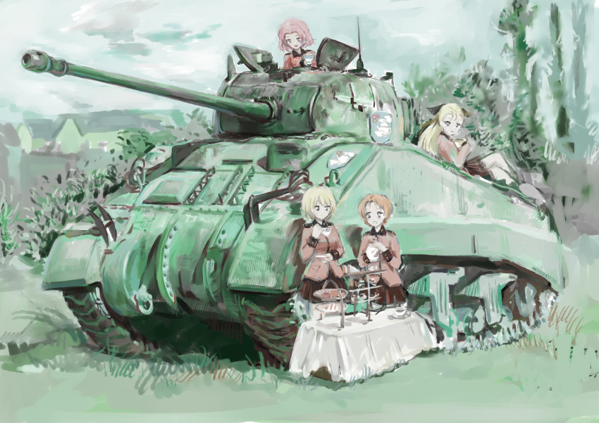 4girls absurdres assam_(girls_und_panzer) blonde_hair breasts caterpillar_tracks cloud commentary_request cup darjeeling_(girls_und_panzer) day emblem funengliang_(naidesu) girls_und_panzer grass highres house long_hair looking_at_viewer m4_sherman military military_uniform military_vehicle motor_vehicle multiple_girls orange_hair orange_pekoe_(girls_und_panzer) outdoors red_hair rosehip_(girls_und_panzer) sherman_firefly short_hair skirt sky smile st._gloriana's_(emblem) st._gloriana's_military_uniform table tank teacup teapot traditional_media uniform