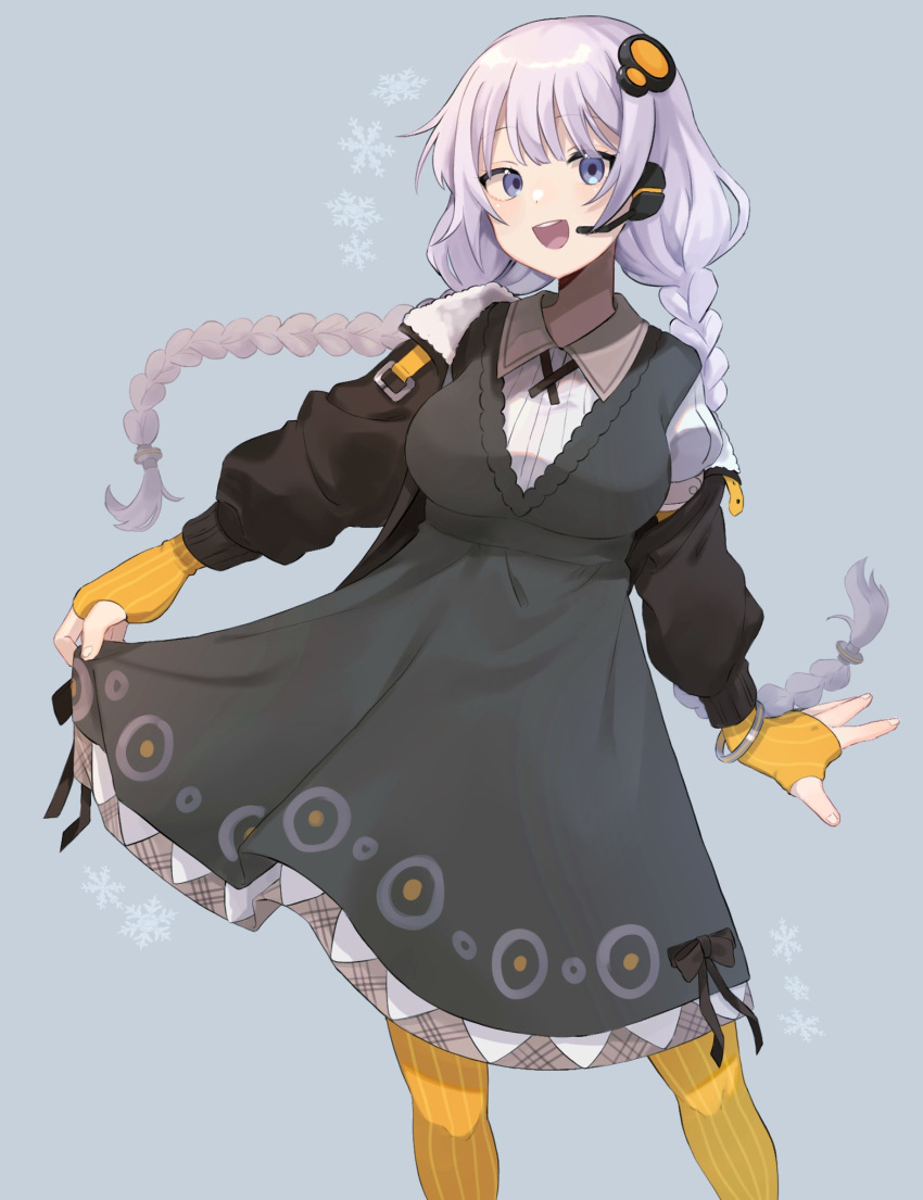 :d black_dress black_jacket blue_eyes braid breasts collared_shirt dress feet_out_of_frame female fingerless_gloves gloves grey_background grey_hair hair_ornament headset highres jacket kizuna_akari long_hair long_sleeves low_twintails medium_breasts open_clothes open_jacket orange_gloves orange_pantyhose pantyhose puffy_long_sleeves puffy_short_sleeves puffy_sleeves sahata_saba shirt short_sleeves simple_background smile snowflakes solo standing striped_clothes striped_gloves striped_pantyhose teeth twin_braids twintails upper_teeth_only vertical-striped_clothes vertical-striped_pantyhose very_long_hair vocaloid voiceroid white_shirt