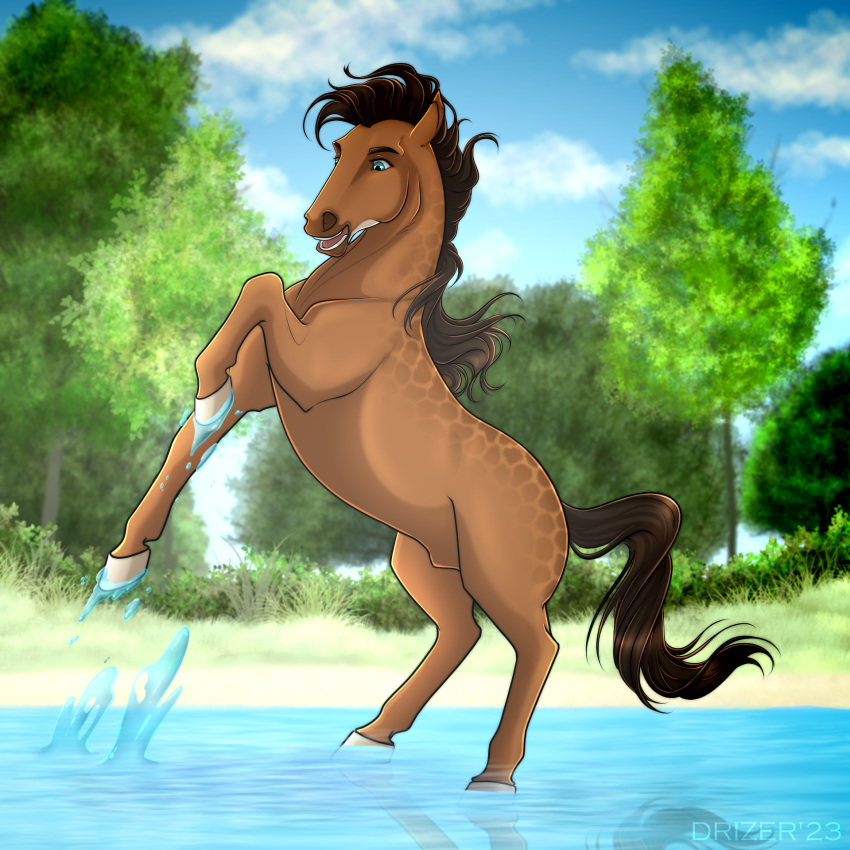 2023 animal_genitalia blue_eyes brown_body brown_hair brown_mane brown_tail cloud digital_media_(artwork) dolero drizer equid equine eyebrows feral genitals grass hair hi_res hooves horse looking_down male mammal mane on_hind_legs open_mouth partially_submerged plant reflection sheath solo standing_in_water tail teeth tree water