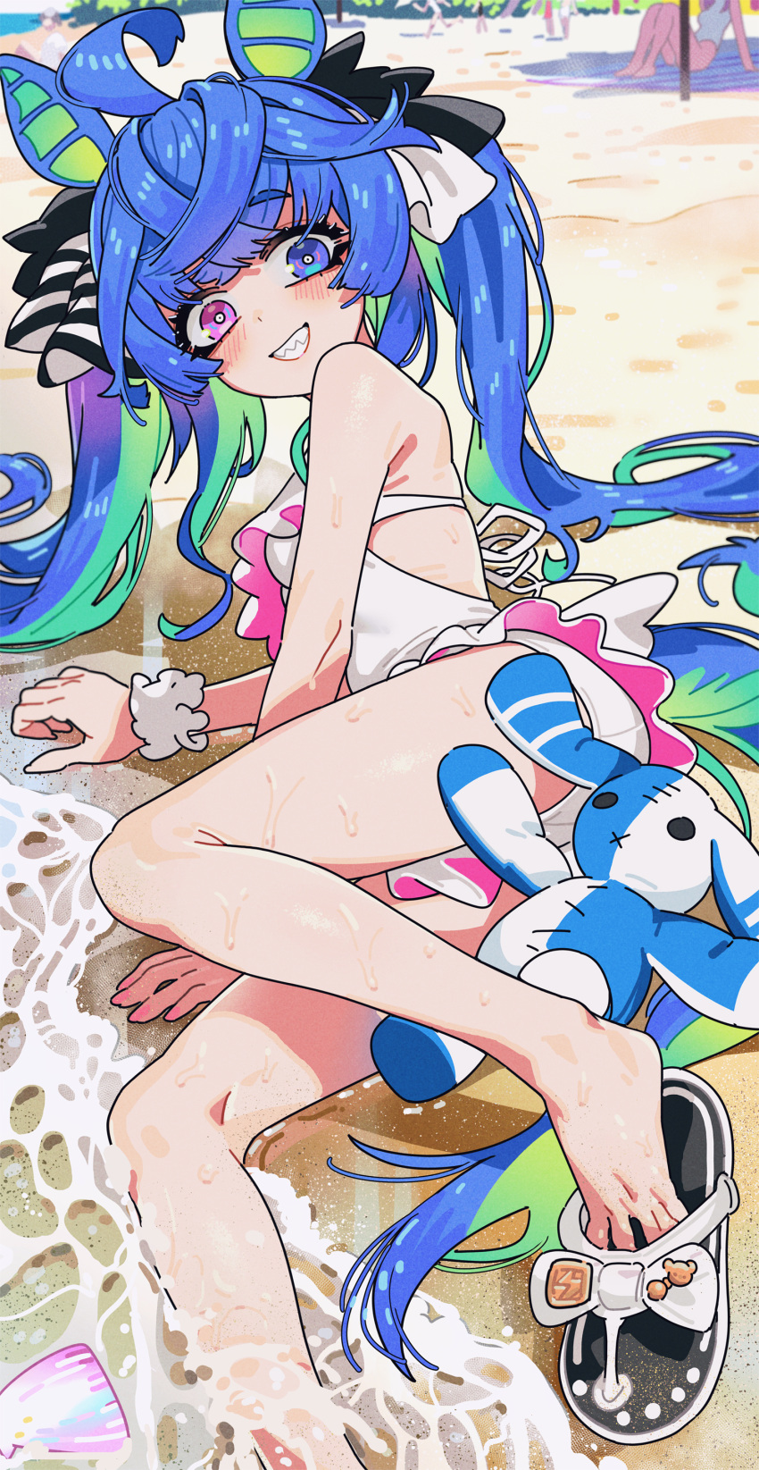 absurdres bare_shoulders beach blue_eyes blue_hair breasts english_commentary frilled_one-piece_swimsuit frills from_side green_hair hair_ornament hair_ribbon heterochromia highres multicolored_hair ocean one-piece_swimsuit purple_eyes ribbon sand sandals sarcophage scrunchie sharp_teeth small_breasts streaked_hair stuffed_toy swimsuit teeth tracen_swimsuit twin_turbo_(umamusume) twintails umamusume white_one-piece_swimsuit wrist_scrunchie