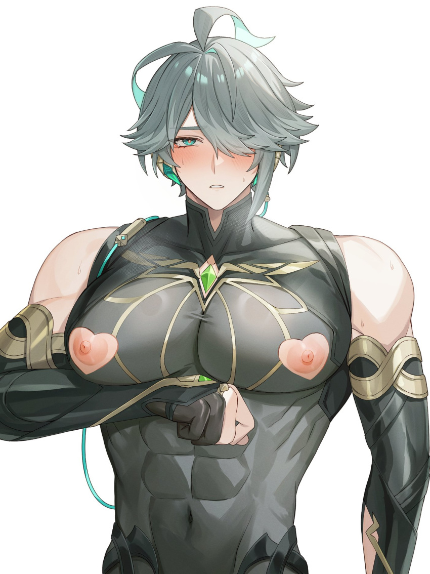 1boy abs alhaitham_(genshin_impact) alpaitham aqua_eyes aqua_hair black_gloves black_shirt black_sleeves blush clothing_cutout genshin_impact gloves grey_hair hair_between_eyes hair_over_one_eye heart_cutout highres jewelry looking_at_viewer male_focus multicolored_hair muscular muscular_male nipple_cutout nipples shirt short_hair solo white_background