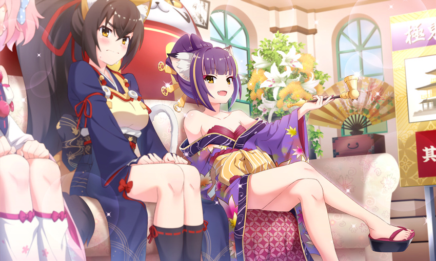 3girls a_(show_by_rock!!) animal_ear_fluff animal_ears artist_request back_bow bare_shoulders blue_kimono blunt_bangs blush bow bow-shaped_hair brown_hair cat_ears cat_girl cat_tail collarbone couch crossed_legs darudayu_(show_by_rock!!) eyeshadow feet_out_of_frame flower fox_ears from_side hair_ornament hair_stick high_ponytail holding holding_smoking_pipe indoors japanese_clothes kimono kiseru kneehighs leaf_print lens_flare lily_(flower) long_hair makeup multicolored_hair multiple_girls nervous obi obijime oerba_yun_fang off_shoulder official_art on_couch open_mouth out_of_frame purple_hair purple_kimono pursed_lips red_eyeshadow sandals sash short_hair show_by_rock!! sitting smoking_pipe socks sparkle streaked_hair sweat tail third-party_source two-sided_fabric un_(show_by_rock!!) white_flower white_socks window yellow_eyes