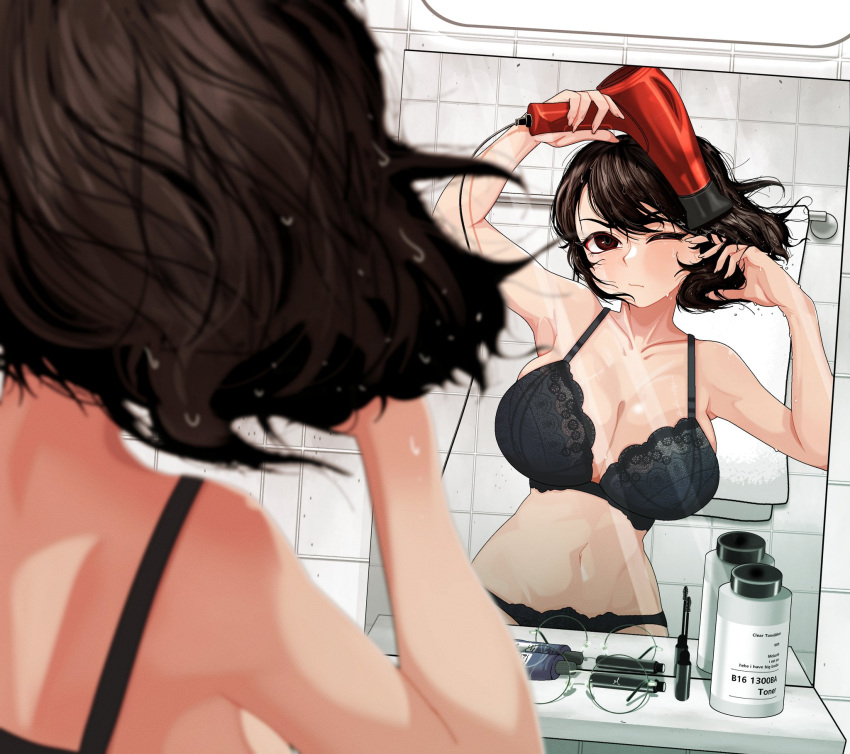 bathroom black_bra black_panties blurry blurry_foreground bottle bra breasts brown_eyes brown_hair closed_mouth commentary cosmetics double_biub drying drying_hair english_commentary english_text female glasses hair_dryer highres holding holding_hair_dryer indoors large_breasts light_blush mascara_wand medium_hair mirror navel one_eye_closed original panties reflection round_eyewear tile_wall tiles towel towel_rack underwear underwear_only unworn_eyewear upper_body v-shaped_eyebrows wet wet_hair