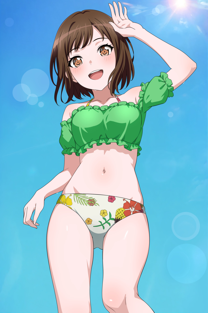 absurdres arm_up bang_dream! bikini blush brown_eyes brown_hair commentary english_commentary female floral_print floral_print_bikini fries_vanquisher hazawa_tsugumi highres looking_at_viewer navel off_shoulder open_mouth short_hair solo stomach sun swimsuit teeth upper_teeth_only