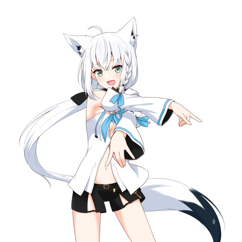 :d ahoge animal_ear_fluff animal_ears aqua_eyes bibideba_(hololive) black_ribbon black_shorts blue_neckerchief blue_ribbon braid cowboy_shot crossed_arms dancing detached_sleeves double_fox_shadow_puppet earrings felutiahime female fox_ears fox_girl fox_shadow_puppet fox_tail hair_ribbon hands_up highres hololive hood hoodie jewelry long_hair long_sleeves looking_at_viewer low_ponytail midriff navel neckerchief open_mouth pentagram ribbon shirakami_fubuki shirakami_fubuki_(1st_costume) short_shorts shorts side_braid sidelocks simple_background single_earring smile solo tail very_long_hair virtual_youtuber white_background white_hair white_hoodie white_sleeves wide_sleeves