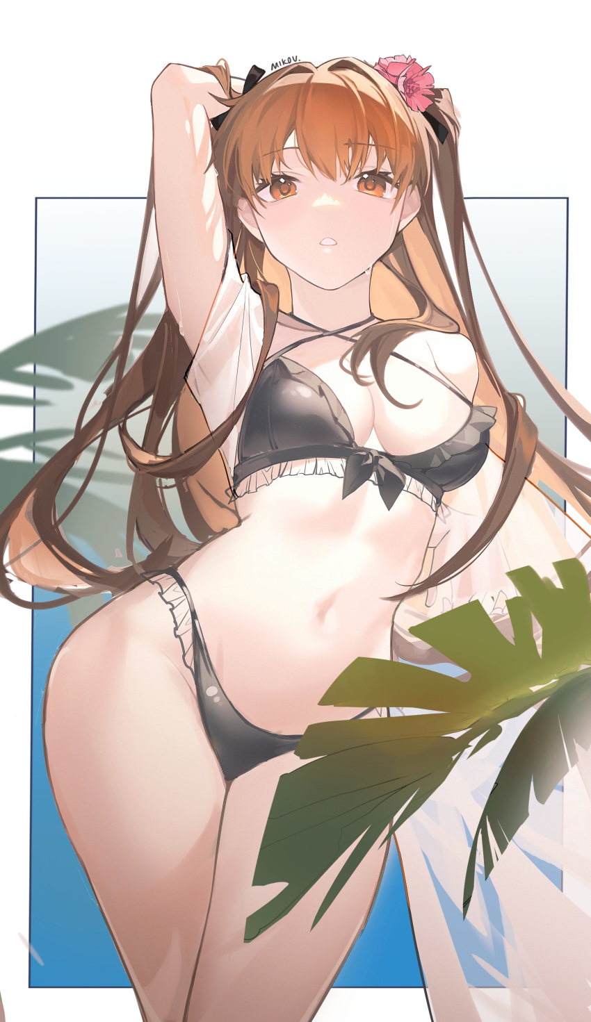 absurdres bikini black_bikini breasts cleavage cowboy_shot female hair_between_eyes hair_ornament hair_ribbon hand_up highres long_hair looking_at_viewer medium_breasts mikou_(mikou_minnow) navel ogiso_setsuna orange_eyes orange_hair parted_lips plant ribbon solo swimsuit white_album_(series) white_album_2