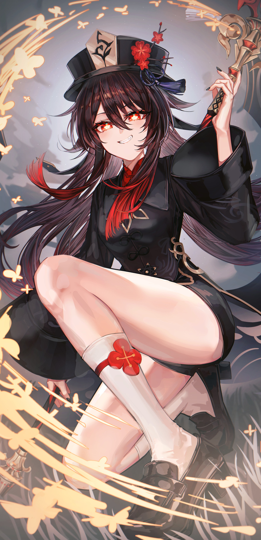 absurdres akqne black_hat black_nails black_shorts brown_hair brown_shirt chinese_clothes female flower-shaped_pupils genshin_impact grin hair_between_eyes hat highres holding holding_polearm holding_weapon hu_tao_(genshin_impact) long_hair long_sleeves looking_at_viewer nail_polish polearm red_eyes shirt shoes short_shorts shorts smile socks solo staff_of_homa_(genshin_impact) symbol-shaped_pupils twintails weapon white_socks