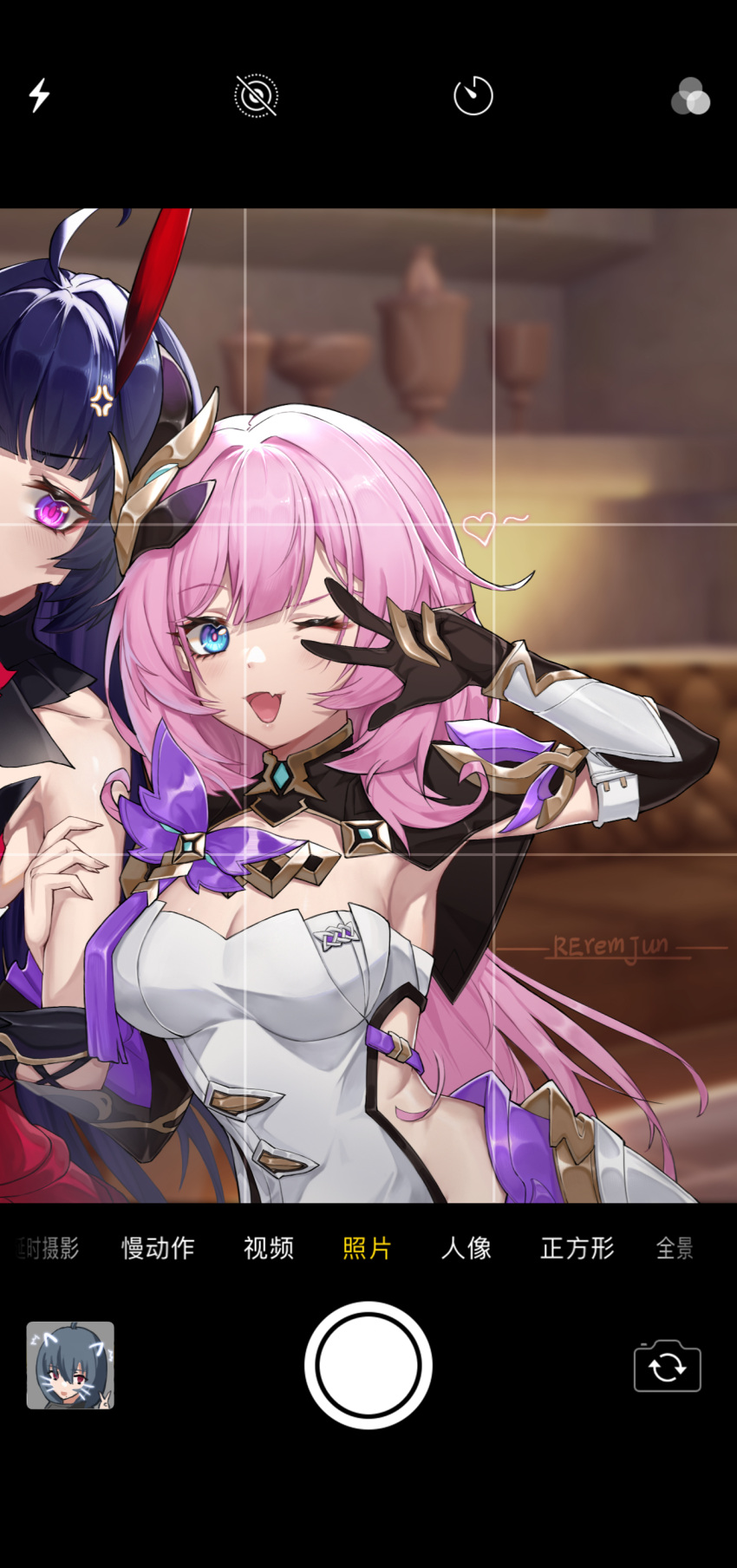 2girls absurdres anger_vein armpits artist_name black_gloves blue_eyes breasts cleavage clothing_cutout corset cowboy_shot elysia_(honkai_impact) elysia_(miss_pink_elf)_(honkai_impact) fake_phone_screenshot fake_screenshot gloves hair_ornament highres holding_another's_arm honkai_(series) honkai_impact_3rd horns indoors large_breasts long_hair multiple_girls one_eye_closed open_mouth pink_hair purple_eyes purple_hair raiden_mei raiden_mei_(herrscher_of_thunder) raven_(honkai_impact) red_horns reremjun side_cutout single_bare_shoulder w white_corset