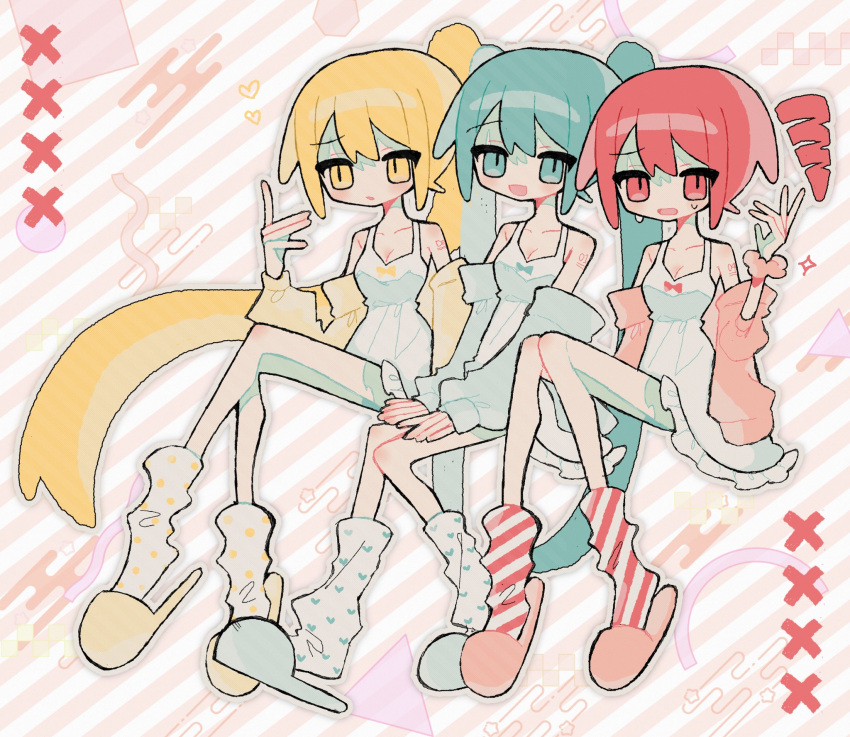 3girls akita_neru alternate_costume aqua_eyes aqua_footwear aqua_hair aqua_jacket bare_shoulders blonde_hair breasts cleavage dress drill_hair fish frilled_dress frills hand_up hatsune_miku heart heart_print highres jacket kasane_teto long_hair long_sleeves loose_socks matching_outfits multiple_girls off_shoulder okashira_moppu open_clothes open_jacket open_mouth pink_footwear pink_jacket polka_dot_socks ponytail red_eyes red_hair short_dress sitting sleeveless sleeveless_dress slippers smile socks striped_background striped_clothes striped_socks sweat twin_drills twintails utau very_long_hair vocaloid white_dress yellow_eyes yellow_footwear yellow_jacket