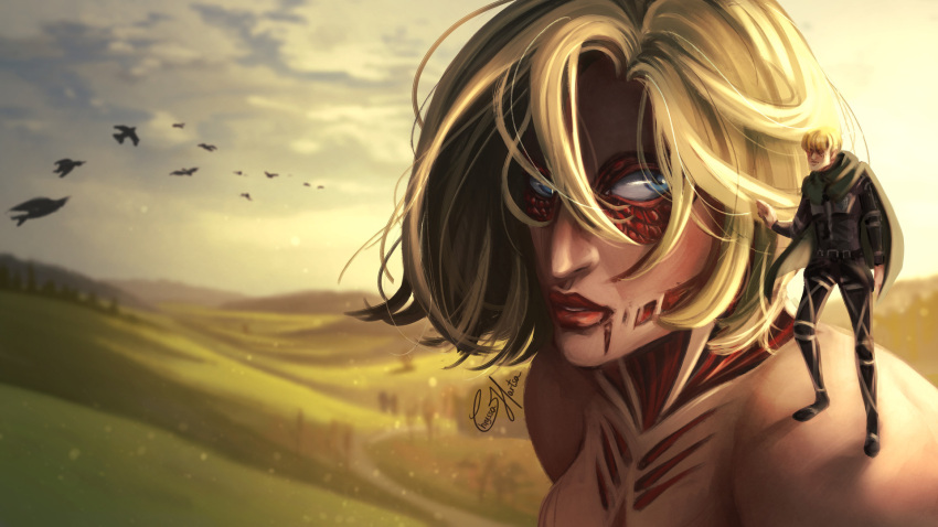 1boy annie_leonhart armin_arlert bird blonde_hair blue_eyes blurry capelet chryssahart collarbone depth_of_field exposed_muscle female female_titan highres lips looking_to_the_side military_uniform nose parted_lips profile scenery shadow shingeki_no_kyojin short_hair signature size_difference sky standing_on_shoulder sunlight three_quarter_profile three_quarter_view titan_(shingeki_no_kyojin) uniform