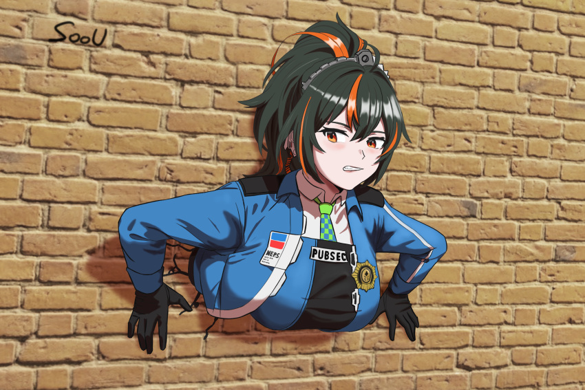 ahoge black_gloves black_hair black_vest blue_jacket blue_vest breasts brick_wall checkered_necktie clenched_teeth collared_shirt commentary crack cracked_wall earpiece female gloves green_necktie hair_between_eyes highres immobilization jacket large_breasts long_hair metal_hairband mixed-language_commentary multicolored_hair necktie open_clothes open_jacket orange_eyes pants photo_background police police_badge police_uniform policewoman ponytail red_hair shirt sidelocks signature solo soou_(govlqjatn) streaked_hair stuck teeth through_wall uniform vest white_shirt zenless_zone_zero zhu_yuan