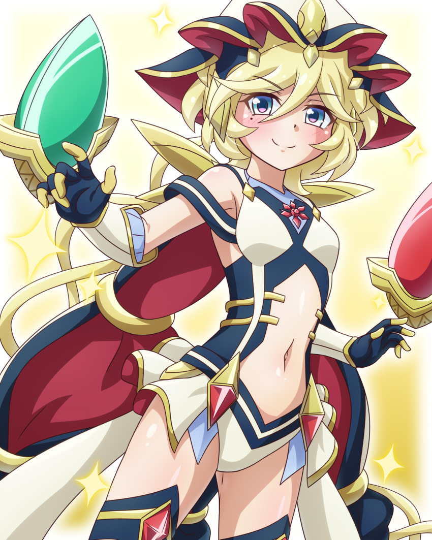 alternate_costume blonde_hair blue_eyes blush breasts carol_malus_dienheim closed_mouth female highres long_hair looking_at_viewer mole mole_under_eye navel senki_zesshou_symphogear simple_background small_breasts smile solo yosuzu