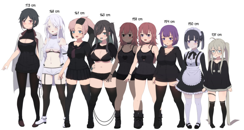 6+girls :d :| absurdly_long_hair absurdres ahoge ankle_boots apron aqua_eyes aren't_grim_reapers_supposed_to_be_scary arrow_tattoo asymmetrical_bangs bare_legs belt belt_collar black_belt black_bow black_bowtie black_bra black_choker black_collar black_dress black_eyes black_footwear black_hair black_hoodie black_nails black_pantyhose black_sailor_collar black_serafuku black_shirt black_shorts black_skirt black_sweater black_thighhighs black_wristband blue_eyes boots bow bowtie bra breasts bright_pupils brown_footwear brown_hair buttons chest_belt choker clenched_hands closed_mouth clothing_cutout coat collar collarbone collared_dress colored_inner_hair cropped_shirt cross_tattoo crossed_bangs dark-skinned_female dark_skin deca_(kamuo) dot_nose drawstring dress earrings everyone eyes_visible_through_hair facial_tattoo flower_tattoo frilled_apron frilled_dress frills fur-trimmed_coat fur_trim garter_straps green_hair grey_nails hair_between_eyes hair_over_one_eye hand_on_own_hip heart heart_cutout heart_earrings height_chart high_ponytail highres hood hood_down hoodie intoh_(kamuo) jewelry kamuo lafi_(kamuo) large_breasts leg_tattoo light_blush loafers lolicon long_hair maid maid_apron maid_headdress mary_janes medium_breasts messy_hair midriff mole mole_on_breast multicolored_hair multiple_girls mykka_(kamuo) navel neckerchief neu_(kamuo) no_pants no_shoes off-shoulder_coat off_shoulder one_side_up open_mouth pale_skin pantyhose pari_(kamuo) pink_hair pleated_skirt pom_pom_(clothes) purple_eyes purple_hair purple_neckerchief rafi_(kamuo) red_eyes red_hair red_pupils sailor_collar school_uniform serafuku shirt shoes short_hair short_shorts shorts shrug_(clothing) sidelocks single_earring skirt sleeveless sleeveless_shirt sleeveless_sweater sleeves_past_wrists smile spaghetti_strap suspenders susui_(kamuo) sweater tachi-e tattoo thighhighs torn_clothes torn_hoodie turtleneck turtleneck_sweater twintails two-tone_hair underboob underbust underwear vel_(kamuo) very_long_hair white_apron white_background white_coat white_footwear white_hair white_pupils white_shirt white_thighhighs