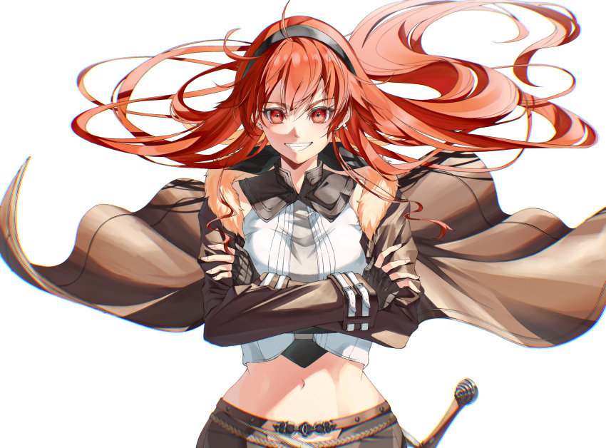 aged_up ahoge black_hairband breasts brown_jacket brown_shorts commentary cowboy_shot cropped_shirt crossed_arms eris_greyrat female floating_hair grin hair_between_eyes hairband hand_wraps highres jacket large_breasts long_hair long_sleeves looking_at_viewer midriff mushoku_tensei navel open_clothes open_jacket red_eyes red_hair saico_isshin sheath sheathed shirt shorts sidelocks simple_background sleeveless sleeveless_shirt smile solo standing sword teeth thick_eyebrows very_long_hair weapon white_background white_shirt