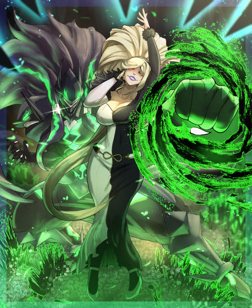 1boy absurdly_long_hair absurdres armor bare_shoulders black_eyes blazblue blazblue:_cross_tag_battle blonde_hair breasts cleavage clenched_hand dress female fur_trim glowing_skin green_eyes green_light heterochromia high_ponytail highres hilda_(under_night_in-birth) kbloodsaw large_breasts lipstick long_dress long_hair looking_at_viewer makeup multicolored_armor multicolored_clothes multicolored_dress off-shoulder_dress off_shoulder ponytail punching purple_lips smile sparkle susanoo_(blazblue) swept_bangs two-tone_dress under_night_in-birth very_long_hair