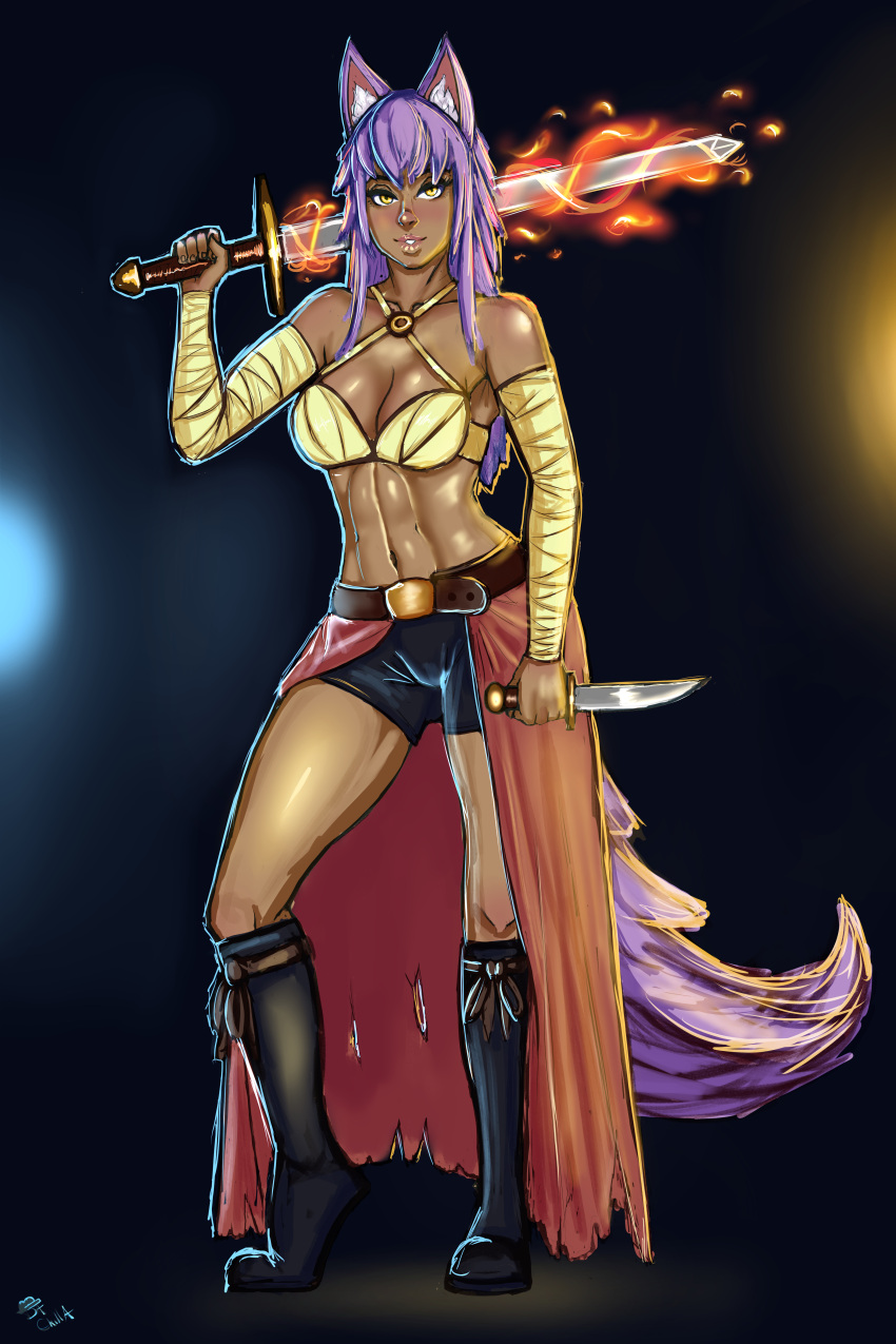 absurd_res animal_ears animal_humanoid animal_tail bikini bikini_top boots bottomwear bunny_and_fox_world canid canid_humanoid canine canine_humanoid clothed clothing dachilla74 dagger dark_body dark_skin elemental_manipulation female fire fire_manipulation hair hi_res humanoid mammal mammal_humanoid melee_weapon muscular muscular_female nerah_(completeglobal1) purple_hair shorts skimpy solo swimwear sword two-piece_swimsuit weapon wolf_ears wolf_humanoid yellow_eyes