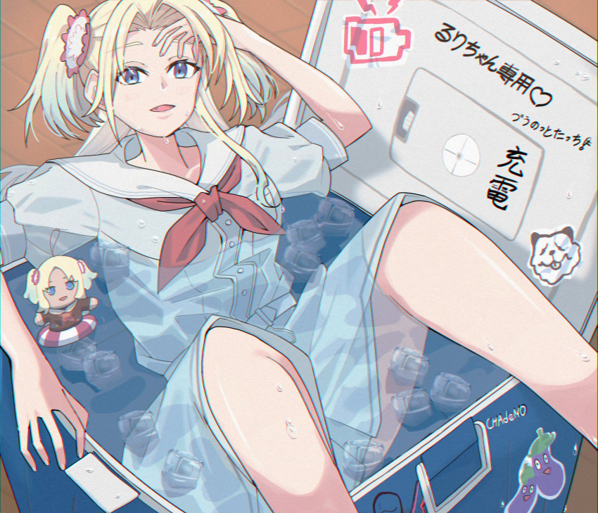 blonde_hair blue_dress blue_eyes blue_hair breast_pocket breasts character_charm charm_(object) commentary_request cooler dress feet_out_of_frame female flower goldluck gradient_hair hair_flower hair_ornament hasu_no_sora_school_uniform highres ice ice_cube in_container light_blue_hair light_blush link!_like!_love_live! long_hair looking_at_viewer love_live! medium_breasts medium_dress multicolored_hair neckerchief oerba_yun_fang open_mouth osawa_rurino parted_bangs partially_submerged pink_flower pleated_dress pocket puffy_short_sleeves puffy_sleeves red_neckerchief sailor_collar sailor_dress school_uniform short_sleeves smile solo sticker summer_uniform translation_request twintails virtual_youtuber water wet white_sailor_collar