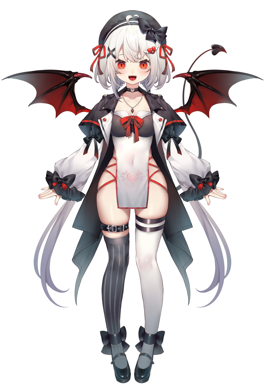 :d absurdres ankle_bow asymmetrical_legwear belt beret black_belt black_bow black_choker black_coat black_footwear black_hat black_thighhighs black_wings bow bowtie breasts broken_heart_hair_ornament choker cleavage coat covered_navel demon_girl demon_tail demon_wings dress fangs female full_body hair_ornament hair_ribbon hairbow hat heart_o-ring highres jewelry long_hair long_sleeves looking_at_viewer low_twintails mary_janes medium_breasts mismatched_legwear moriyama_meiko necklace o-ring o-ring_choker official_art open_clothes open_coat pelvic_curtain pinstripe_thighhighs pubic_tattoo_through_clothing puffy_long_sleeves puffy_sleeves red_bow red_bowtie red_eyes red_ribbon ribbon shoes short_dress skindentation smile solo standing stardust_project straight-on tachi-e tail teeth thigh_belt thigh_strap thighhighs tongue transparent_background twintails very_long_hair virtual_youtuber viry_(stardust_project) white_dress white_hair white_sleeves white_thighhighs wings x_hair_ornament