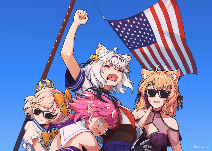 blonde_hair breasts camila_(vtuber) cat_ears cat_tail catgirl face_markings female filian filian_(vtuber) fox_ears fox_girl marimari_en pink_hair red_eyes squchan_(vtuber) virtual_youtuber vyugen white_hair