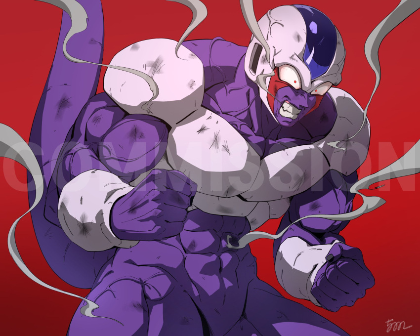 1boy 5002_bus abs alien angry biceps bloodshot_eyes clenched_hands clenched_teeth colored_skin commission cooler_(dragon_ball) dragon_ball dragon_ball_z english_commentary furious gem_on_head highres male_focus muscular muscular_male purple_skin red_background red_eyes signature smoke solo tail tail_raised teeth veins veiny_arms veiny_neck watermark wide-eyed