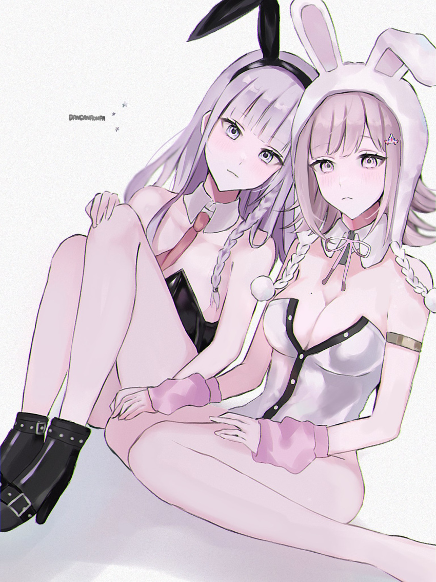 2girls animal_ears animal_hood arm_warmers braid breasts brown_hair cleavage danganronpa:_trigger_happy_havoc danganronpa_(series) danganronpa_2:_goodbye_despair detached_collar fake_animal_ears feet_out_of_frame frown highres hood kirigiri_kyoko large_breasts long_hair medium_hair mole mole_on_breast multiple_girls nanami_chiaki neck_ribbon official_alternate_costume pink_eyes pink_hair pink_ribbon playboy_bunny rabbit_ears rabbit_hood ribbon shima_(fm_90mhz) side_braid