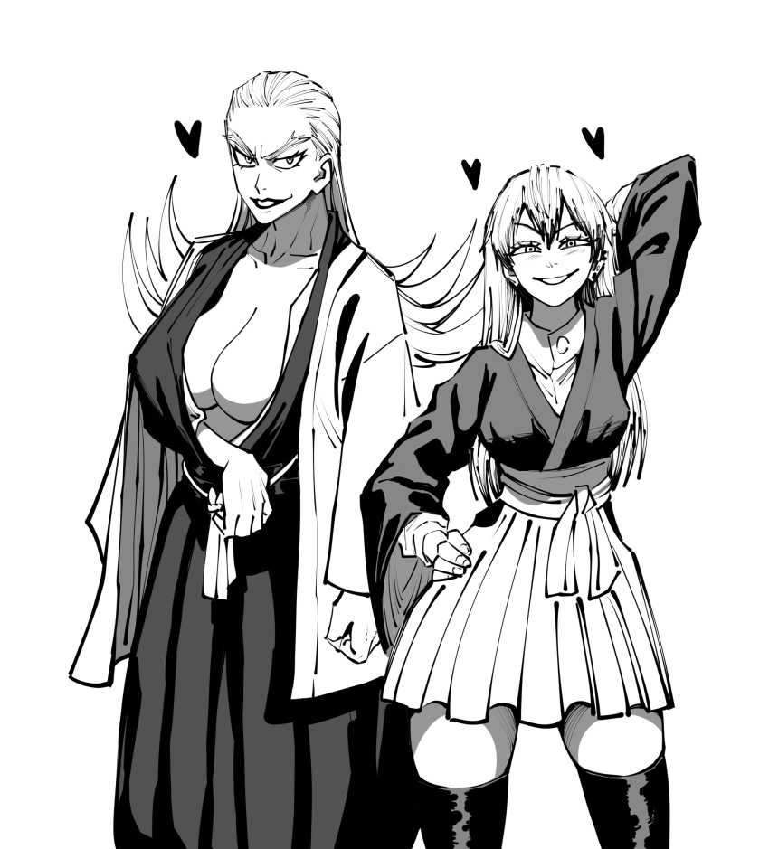 2girls absurdres arm_behind_head breasts cleavage dingotoad hakama hakama_skirt half-closed_eyes hand_on_own_hip heart highres japanese_clothes jujutsu_kaisen large_breasts long_hair monochrome multiple_girls naughty_face rule_63 sash simple_background skirt smile smug thick_thighs thighhighs thighs v-neck zen'in_naobito zen'in_naoya