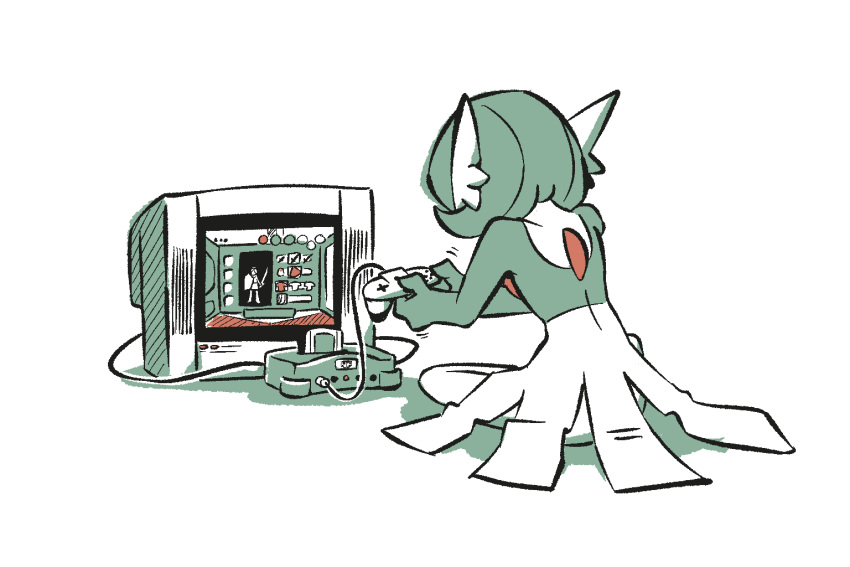 2024 3_fingers advos ambiguous_gender anthro controller electronics fingers game_controller gaming gardevoir generation_3_pokemon green_hair hair holding_controller holding_game_controller holding_object looking_at_object looking_at_television nintendo nintendo_64 on_ground pokemon pokemon_(species) rear_view simple_background sitting solo television the_legend_of_zelda white_background white_body