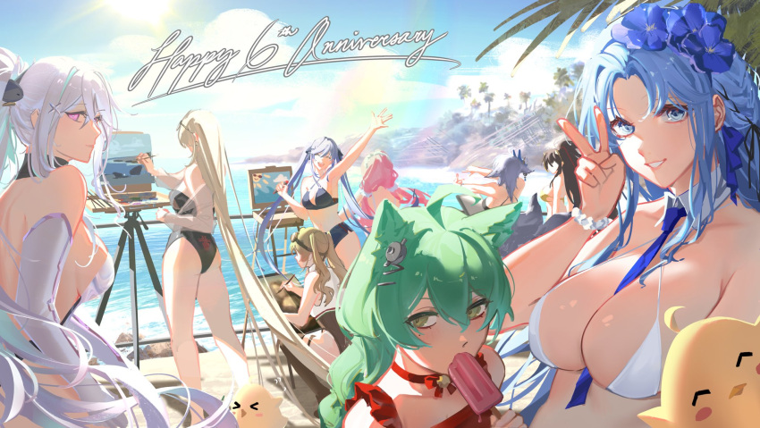 >_< 6+girls absurdly_long_hair akashi_(azur_lane) alsace_(azur_lane) alsace_(heat_beating_summer_sacrament)_(azur_lane) alternate_costume animal_ears ass beach between_breasts bikini bismarck_(azur_lane) black_bikini black_hair black_one-piece_swimsuit blonde_hair blue_eyes blue_hair blue_sky breasts cat_ears choker day detached_collar elbow_gloves english_commentary english_text essex_(azur_lane) gloves green_eyes green_hair hair_between_eyes happy_anniversary harbin_(azur_lane) harbin_(union_between_sea_and_sky)_(azur_lane) high_ponytail highres kearsarge_(azur_lane) large_breasts leonardo_da_vinci_(azur_lane) llamartist long_hair looking_at_viewer manjuu_(azur_lane) mona_lisa multiple_girls necktie necktie_between_breasts ocean official_alternate_costume one-piece_swimsuit outdoors painting_(action) palm_tree pink_hair princeton_(azur_lane) princeton_(seaside_training)_(azur_lane) purple_hair red_choker sand sky smile standing summer swimsuit tosa_(azur_lane) tree twintails v very_long_hair white_bikini white_gloves white_hair