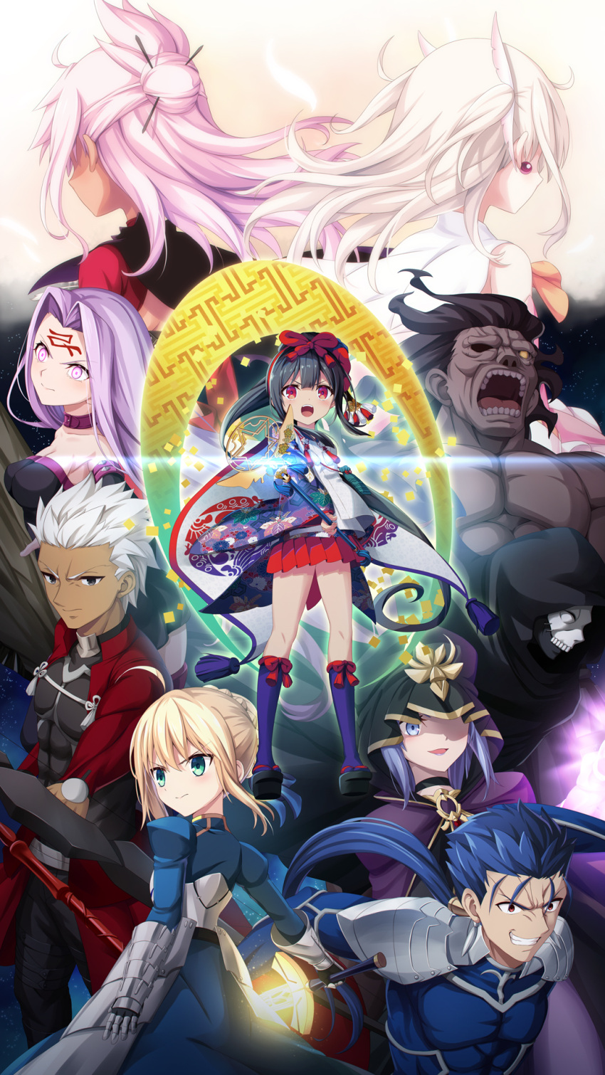 4boys 6+girls ahoge archer_(fate) armor armored_dress artoria_pendragon_(fate) black_cloak black_eyes black_hair blonde_hair blue_eyes blue_hair bow_(weapon) braid bun_with_braided_base chloe_von_einzbern cloak commentary_request cu_chulainn_(fate) cu_chulainn_(fate/stay_night) dark-skinned_female dark-skinned_male dark_skin earrings excalibur_(fate/stay_night) facial_mark fate/grand_order fate/kaleid_liner_prisma_illya fate_(series) faulds feather_hair_ornament feathers forehead_mark frown gauntlets glowing glowing_eye glowing_eyes green_eyes grin hair_bun hair_intakes hair_ornament hair_stick hassan_of_the_cursed_arm_(fate) heracles_(fate) highres holding holding_bow_(weapon) holding_sword holding_weapon hood hood_up illyasviel_von_einzbern japanese_clothes jewelry long_hair magical_girl magical_sapphire mask medusa_(fate) medusa_(rider)_(fate) miniskirt miyu_edelfelt miyu_edelfelt_(third_ascension) morokoshi_(tekku) multiple_boys multiple_girls muscular muscular_male official_alternate_costume pink_hair pleated_skirt ponytail purple_eyes purple_hair red_eyes saber_(fate) single_hair_bun skirt skull_mask smile sword two_side_up wand weapon white_hair wide_sleeves yellow_eyes