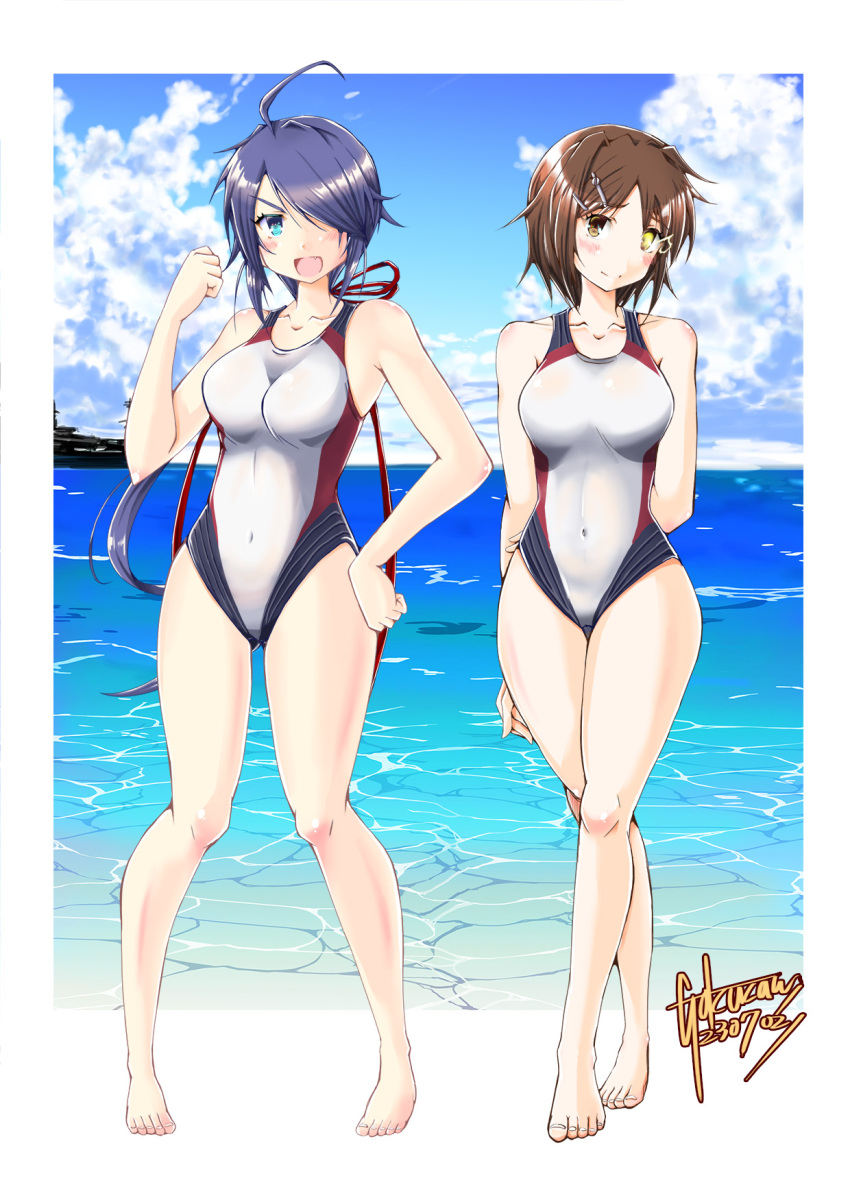 2girls ahoge artist_name beach blue_eyes blue_hair blue_sky breasts brown_hair cloud competition_swimsuit dated day furutaka_(kancolle) gakuzan glowing glowing_eye hair_over_one_eye hair_ribbon heterochromia highres horizon kako_(kancolle) kantai_collection low_ponytail matching_outfits medium_breasts multicolored_clothes multicolored_swimsuit multiple_girls ocean one-piece_swimsuit outdoors ribbon short_hair sky swimsuit white_one-piece_swimsuit yellow_eyes