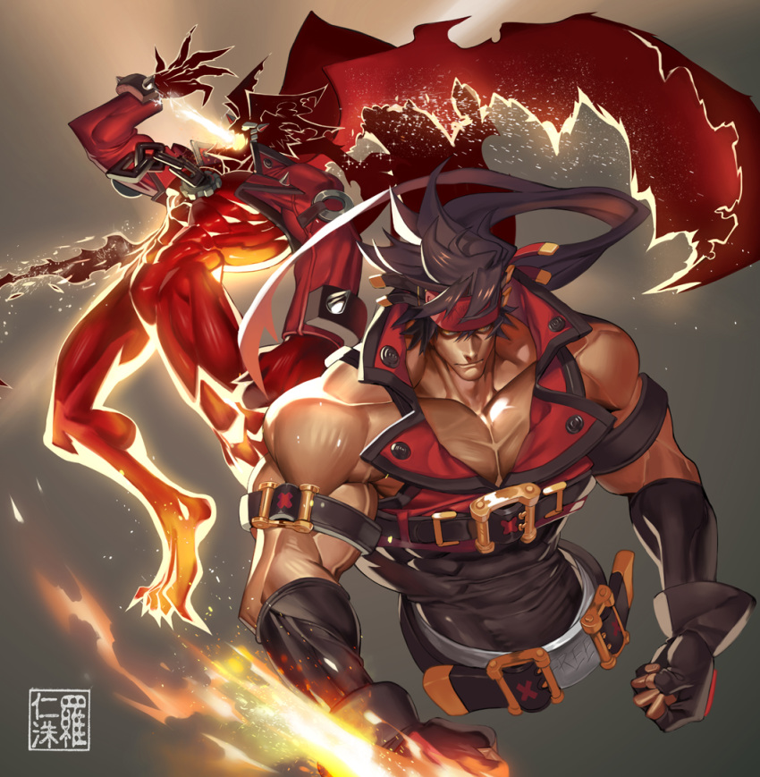 1boy brown_hair collarbone dragon_install energy_wings evil_eyes fingerless_gloves fire gloves glowing guilty_gear guilty_gear_xrd headband helmet jacket long_hair male_focus manly muscle na_insoo ponytail red_eyes sol_badguy solo winged_helmet wings yellow_eyes