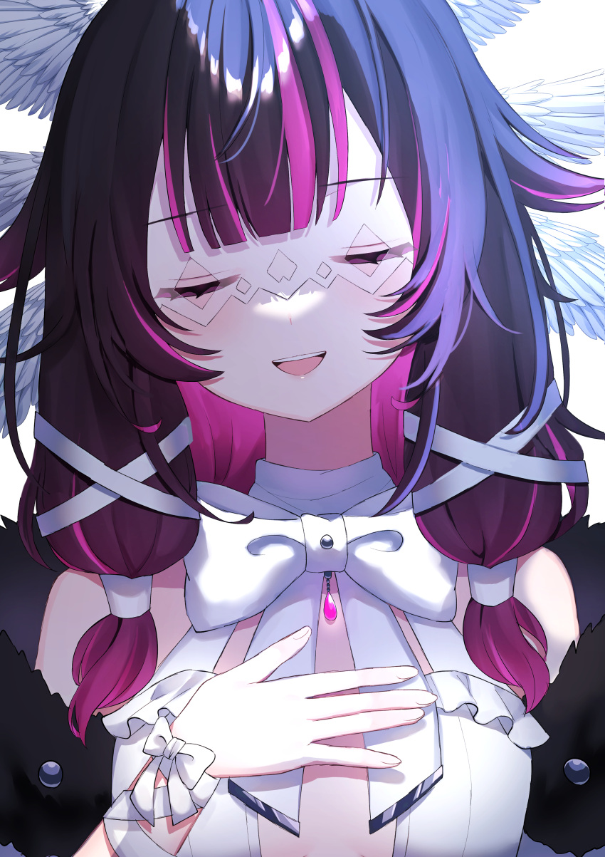 absurdres angel_wings bare_shoulders blunt_bangs bow closed_eyes columbina_(genshin_impact) eye_mask female frills fur_trim genshin_impact hair_ornament hand_on_own_chest highres mochi_mochi052 multicolored_hair open_mouth pink_hair sidelocks smile solo two-tone_hair upper_body white_bow wings x_hair_ornament