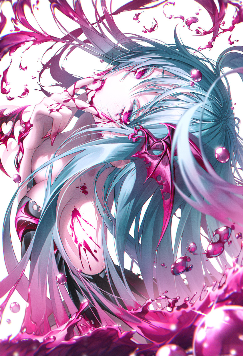 andi_1021 backless_dress backless_outfit bad_id bad_pixiv_id blood blue_hair breasts demon demon_girl demon_wings dress female highres multicolored_hair original pale_skin pink_blood pink_hair purple_eyes solo vampire wings