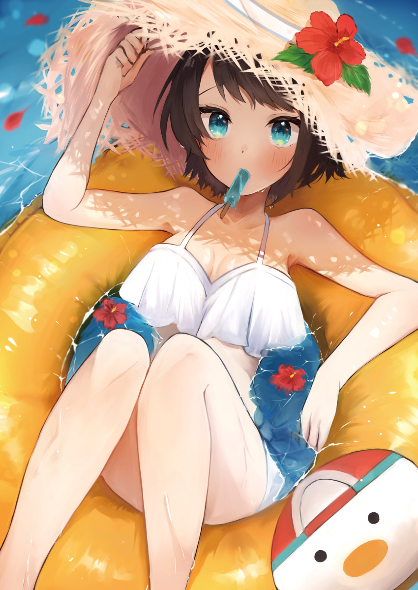 absurdres alternate_costume bare_shoulders bikini blue_eyes breasts brown_hair collarbone feet_out_of_frame female flower food food_in_mouth hat hat_flower highres hololive innertube knees_together_feet_apart knees_up legs looking_at_viewer mashiro_io medium_breasts oozora_subaru partially_submerged popsicle popsicle_in_mouth short_hair straw_hat subaru_duck swept_bangs swim_ring swimsuit virtual_youtuber