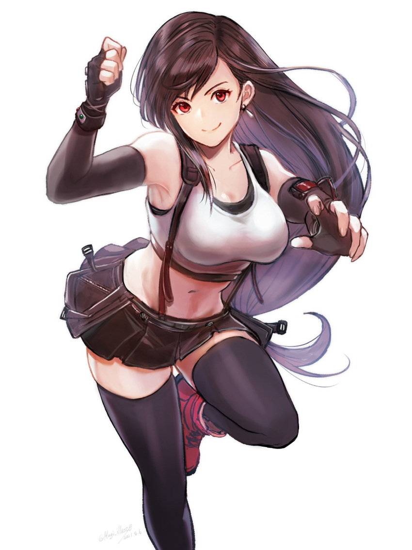 bare_shoulders black_gloves black_hair black_skirt black_sports_bra black_thighhighs breasts cleavage clenched_hand collarbone crop_top earrings elbow_gloves elbow_pads female final_fantasy final_fantasy_vii final_fantasy_vii_remake fingerless_gloves foot_out_of_frame gloves highres jewelry komugiko_no_mori large_breasts long_hair looking_at_viewer low-tied_long_hair materia midriff miniskirt navel red_eyes red_footwear shirt skirt sleeveless sleeveless_shirt smile solo sports_bra suspenders swept_bangs thighhighs tifa_lockhart underwear very_long_hair white_background white_shirt zettai_ryouiki