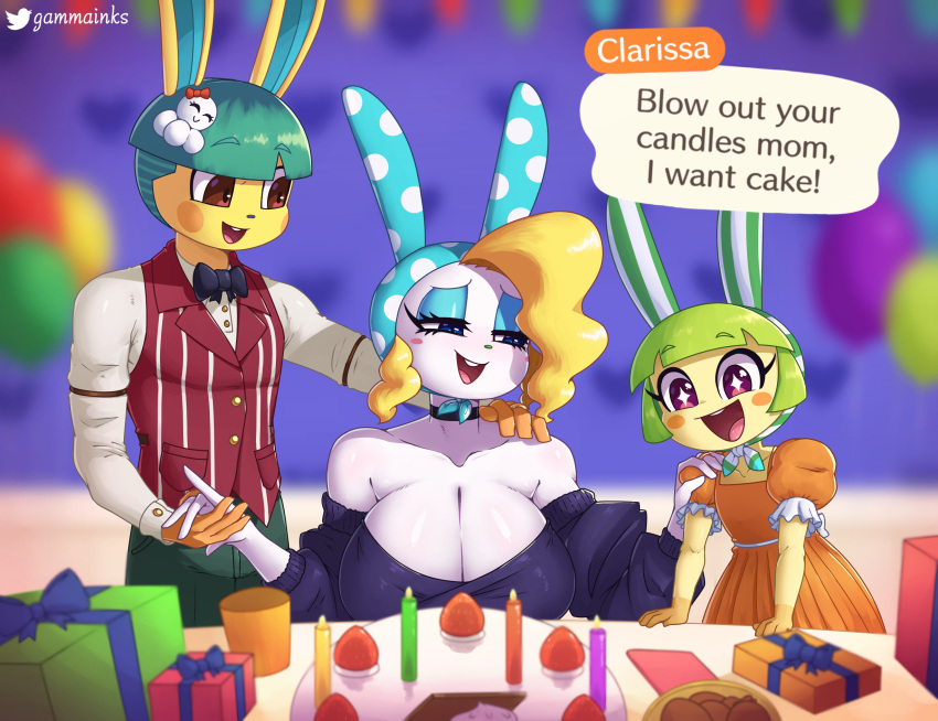 2023 animal_crossing anthro birthday_cake blurred_background breasts cake clarissa cleavage clothed clothing dessert dialogue digital_media_(artwork) english_text eyebrows eyelashes fan_character female fingers food francine_(animal_crossing) gammainks gift group hair half-closed_eyes hand_on_shoulder hi_res lagomorph leporid male mammal narrowed_eyes nintendo open_mouth rabbit sanrio text toby_(animal_crossing)