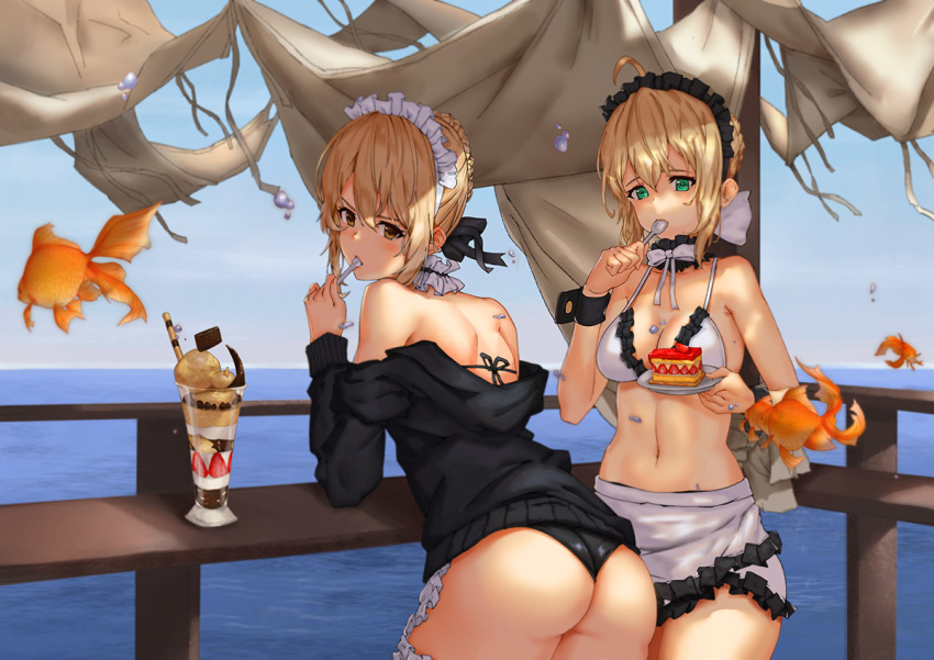 2girls apron artoria_pendragon_(alter_swimsuit_rider)_(fate) artoria_pendragon_(alter_swimsuit_rider)_(second_ascension)_(fate) artoria_pendragon_(fate) ass bare_shoulders bikini birkai black_bikini blonde_hair braid breasts cake commentary fate/grand_order fate_(series) fish food frills goldfish green_eyes holding jacket looking_at_viewer maid maid_bikini maid_headdress medium_breasts multiple_girls navel red_eyes saber_(fate) short_hair spoon swimsuit thighhighs unconventional_maid