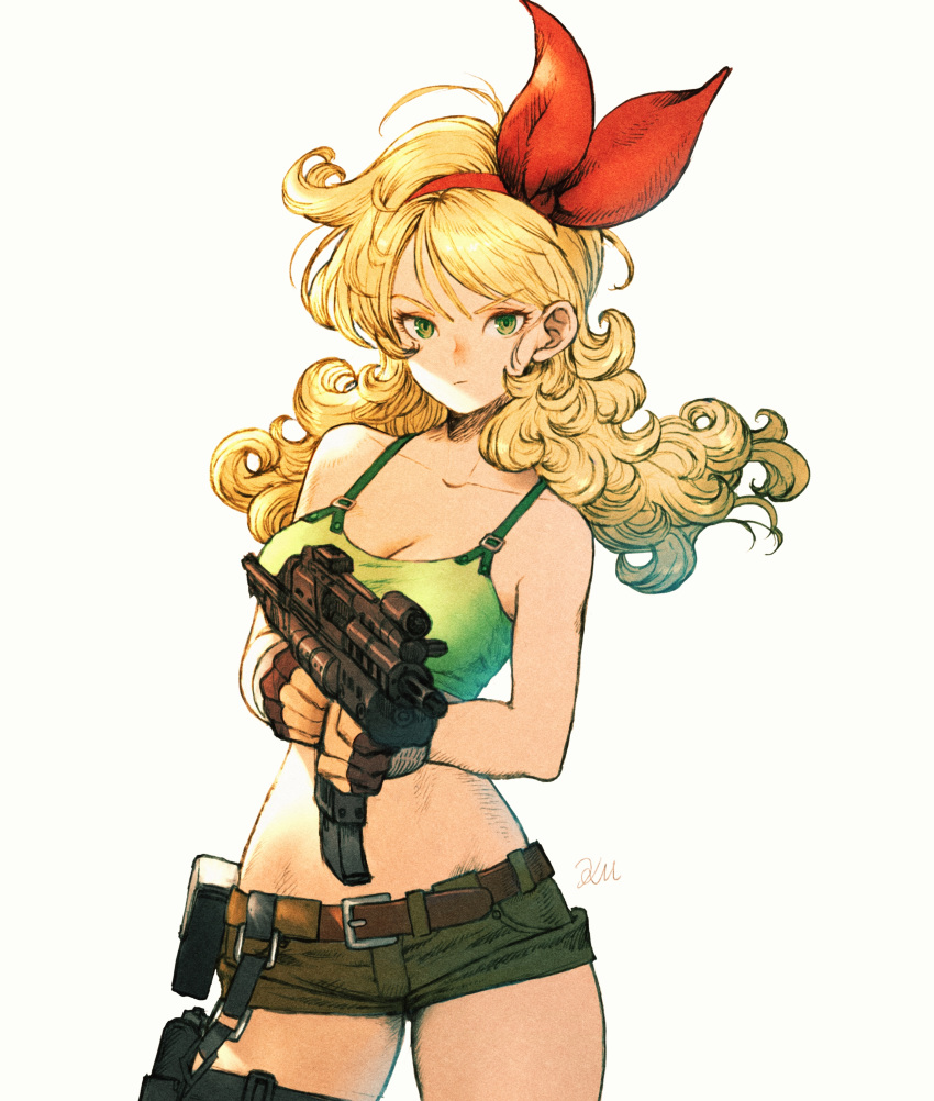 absurdres bad_id bad_pixiv_id bare_shoulders belt blonde_hair breasts cargo_shorts cleavage closed_mouth collarbone commentary_request crop_top dark_persona dragon_ball dragon_ball_(classic) female fingerless_gloves gloves green_eyes green_tank_top gun hairband highres holding holding_gun holding_weapon holster kuroimori long_hair looking_at_viewer lunch_(bad)_(dragon_ball) lunch_(dragon_ball) medium_breasts midriff red_hairband short_shorts shorts signature simple_background sleeveless solo tank_top thigh_holster wavy_hair weapon white_background