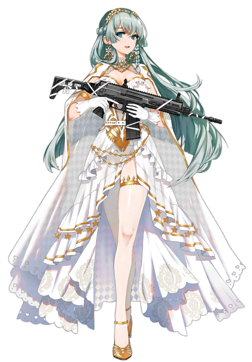 aqua_hair argyle_cloak argyle_clothes assault_rifle blue_eyes braid breasts cleavage cloak cz-805_(girls'_frontline) cz-805_(golden_memories)_(girls'_frontline) cz_805_bren dress earrings female flip-up_sight flower_earrings folding_stock french_braid full_body girls'_frontline gloves gun hairband high_heels highres holding holding_gun holding_weapon jewelry long_hair looking_at_viewer medium_breasts necklace official_alternate_costume official_art open_mouth orange_footwear orange_hairband pantyhose print_cloak rifle simple_background smile solo standing star_(symbol) teeth upper_teeth_only weapon white_background white_cloak white_dress white_gloves white_pantyhose zhuxiao517