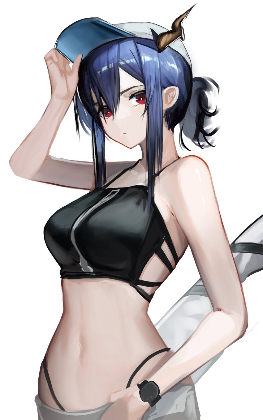 arknights bad_id bad_twitter_id baseball_cap bikini bikini_under_clothes black_bikini breasts ch'en_(arknights) dragon_horns female female_tourist_c_(arknights) hair_between_eyes hand_on_headwear hat highres hiyaori_(hiyahiyaval) horns horns_through_headwear looking_at_viewer medium_breasts navel official_alternate_costume ponytail red_eyes sheath sheathed shorts sidelocks simple_background solo stomach swimsuit upper_body watch white_background white_hat white_shorts wristwatch