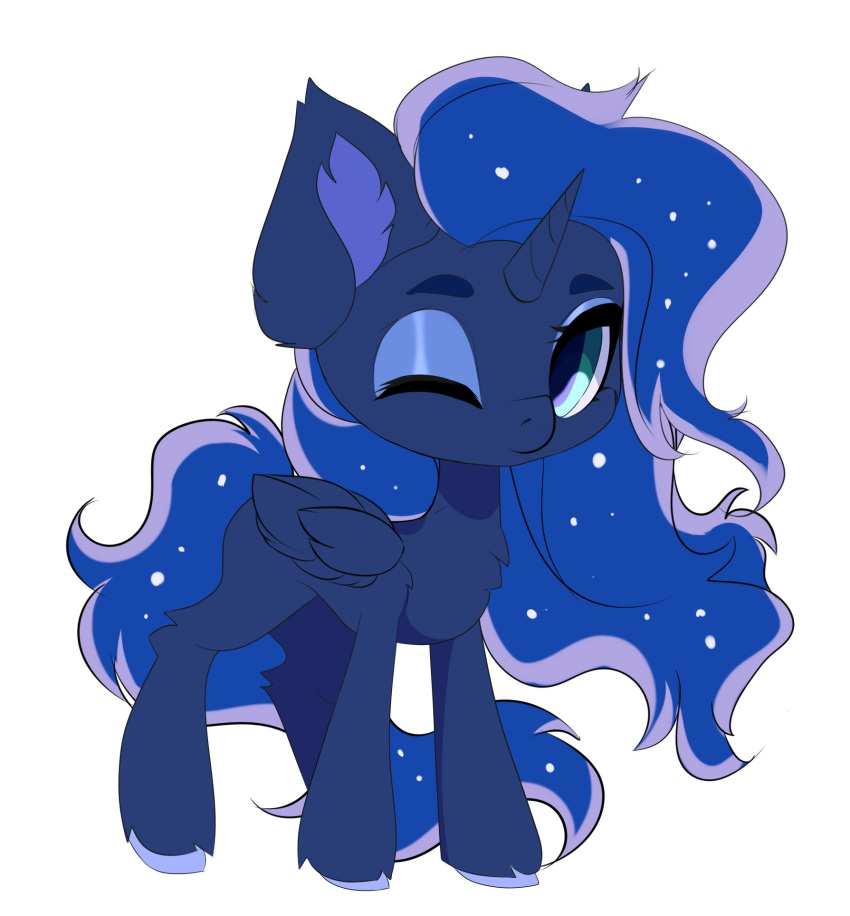 alicorn blue_body blue_fur blue_hair chibi ear_tuft equid equine eyebrows eyelashes female feral friendship_is_magic fur hair hasbro hi_res hooves horn inner_ear_fluff mammal my_little_pony mythological_creature mythological_equine mythology one_eye_closed princess_luna_(mlp) solo tuft wings xsatanielx