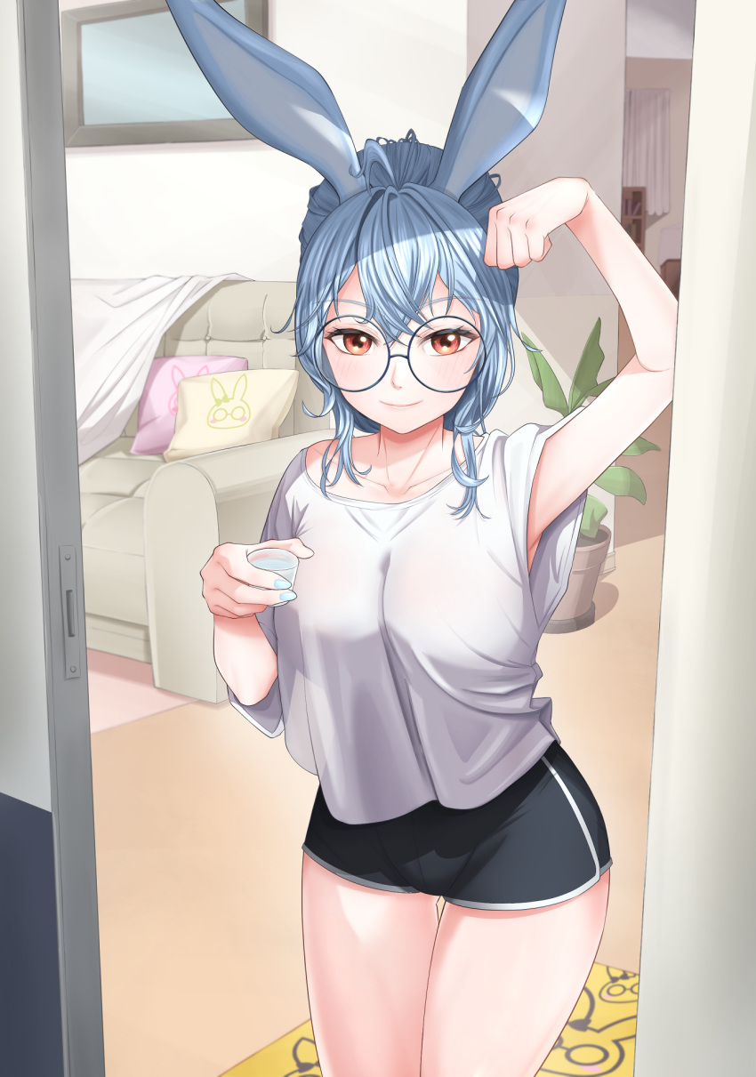 alcohol animal_ears arm_up armpit_peek black_shorts blue_hair blue_nails breasts choko_(cup) collarbone couch crotch_seam cup dolphin_shorts doorway female glasses hair_between_eyes highres holding holding_cup indie_virtual_youtuber indoors large_breasts long_hair loose_clothes loose_shirt messy_hair moragon584 pillow plant potted_plant rabbit_ears red_eyes round_eyewear sake sasa_44 seductive_smile see-through_silhouette shirt short_shorts short_sleeves shorts smile t-shirt thighs virtual_youtuber white_shirt