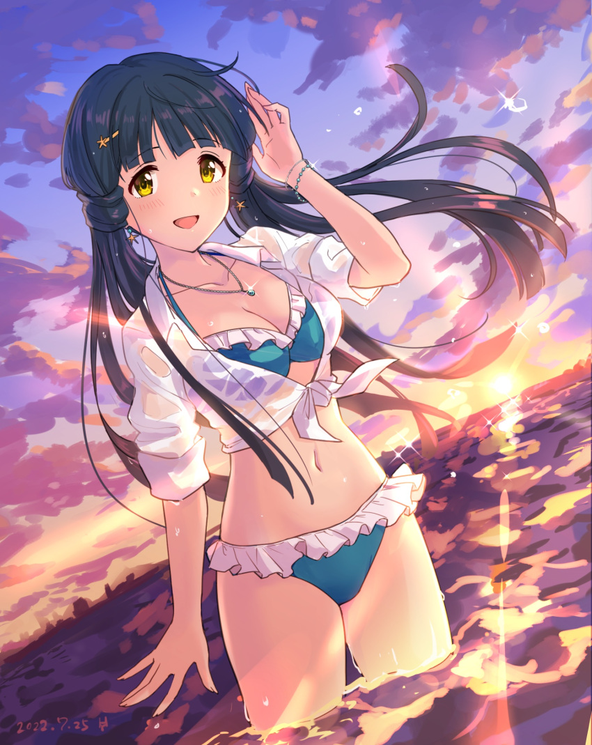 bikini blue_bikini blue_hair bracelet breasts cleavage cloud cloudy_sky collarbone commentary_request damokan66 dated earrings female frilled_bikini frills hair_ornament hairclip hand_up highres idolmaster idolmaster_million_live! idolmaster_million_live!_theater_days jewelry kitakami_reika light_blush long_hair looking_at_viewer low_twintails medium_breasts navel necklace ocean on_water open_mouth outdoors see-through shirt sky sleeves_rolled_up smile solo star_(symbol) star_earrings star_hair_ornament stomach sunlight sunset swimsuit thighs tied_shirt twintails wet wet_clothes white_shirt yellow_eyes