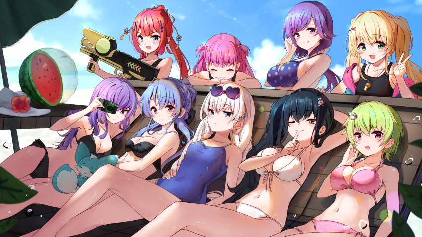 6+girls bandeau beach beach_umbrella bikini black_bikini blonde_hair blue_eyes blue_hair blue_sky braid breasts camera cloud commentary_request day eyewear_on_head finger_to_mouth flower food fruit green_eyes green_hair hair_ornament hairclip heart heart-shaped_eyewear highres holding holding_camera inari_(summer_pockets) kamiyama_shiki katou_umi kushima_kamome large_breasts long_hair looking_at_viewer lying mizuori_shizuku multiple_girls naruse_shiroha nomura_miki on_back open_mouth outdoors pink_bikini pink_eyes pink_hair polka_dot polka_dot_bikini purple_eyes purple_hair red_hair school_swimsuit short_hair siblings side_ponytail sisters sky smile sorakado_ai sorakado_ao summer_pockets sunbathing swimsuit tagame_(tagamecat) tsumugi_wenders twintails umbrella v victory_pose water_gun watermelon whistle whistle_around_neck white_bikini white_hair x_hair_ornament