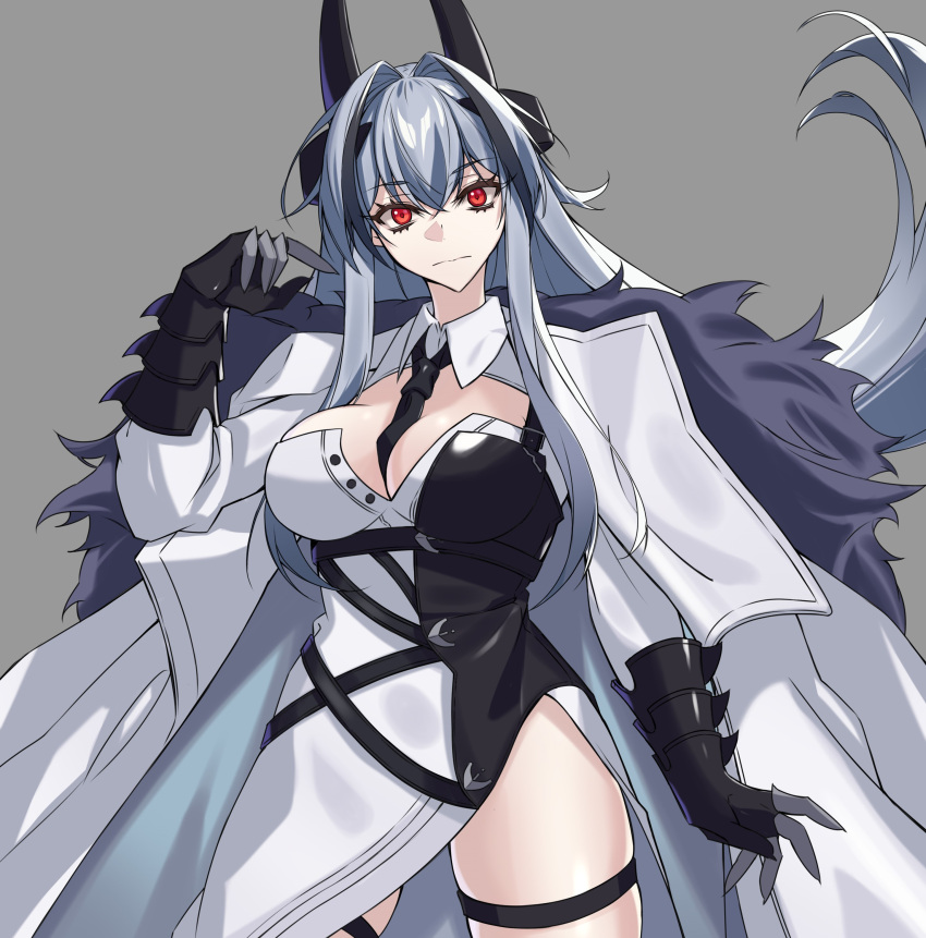 absurdres armored_gloves asymmetrical_dress azur_lane black_gloves black_hair breasts cleavage cleavage_cutout closed_mouth clothing_cutout coat commentary cowboy_shot female fur-trimmed_coat fur_trim gloves grey_background hair_between_eyes hair_intakes highres horns kursk_(azur_lane) large_breasts long_hair looking_at_viewer multicolored_hair necktie ouka_(sakura_oinari) red_eyes simple_background streaked_hair two-tone_dress white_hair