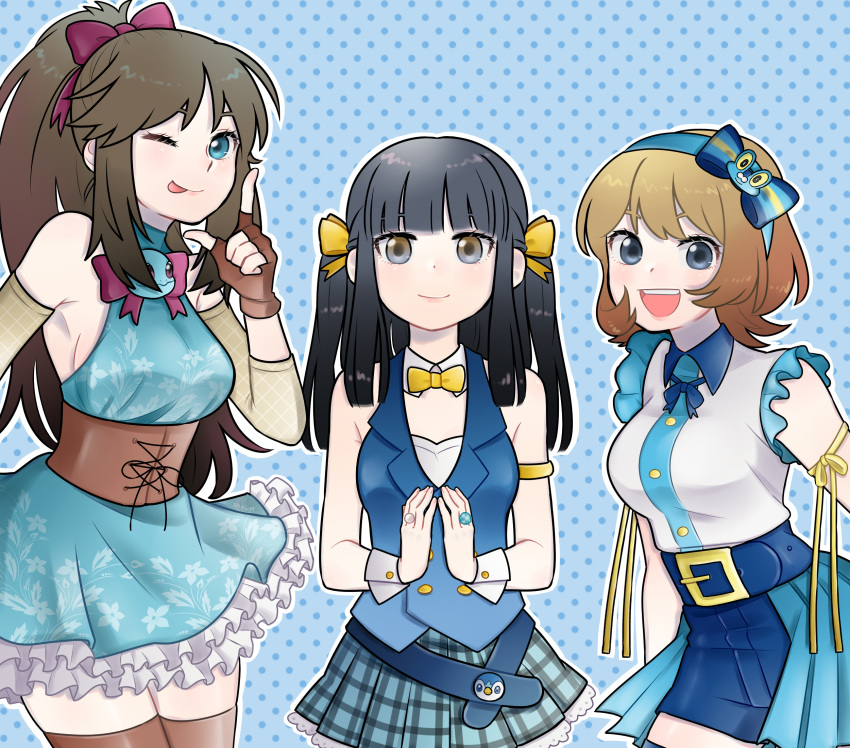 3girls :d ;p armpits black_hair blonde_hair blue_bow blue_eyes bow bowtie brown_hair commentary cowboy_shot dawn_(pokemon) detached_collar diamond_ring english_commentary fingerless_gloves floral_print froakie gem gloves green_(pokemon) highres idol idol_clothes jewelry long_hair looking_at_viewer md5_mismatch multiple_girls one_eye_closed open_mouth pearl_(gemstone) piplup plaid plaid_skirt pleated_skirt pokemon pokemon_(creature) pokemon_adventures polka_dot polka_dot_background ponytail purple_bow ring serena_(pokemon) shawm_(artist) short_hair skirt smile squirtle thighhighs tongue tongue_out wing_collar wrist_cuffs yellow_bow yellow_bowtie zettai_ryouiki