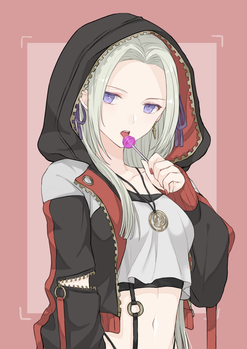 akina_(akn_646) alternate_costume black_jacket blue_eyes border breasts candy casual collarbone commentary_request crop_top earrings edelgard_von_hresvelg female fire_emblem food forehead hair_ribbon highres holding holding_food hood hood_up hooded_jacket jacket jewelry licking lollipop long_hair long_sleeves nail_polish navel necklace o-ring open_clothes open_jacket outside_border pink_background pink_border purple_ribbon red_nails ribbon silver_hair small_breasts solo tongue tongue_out unzipped upper_body