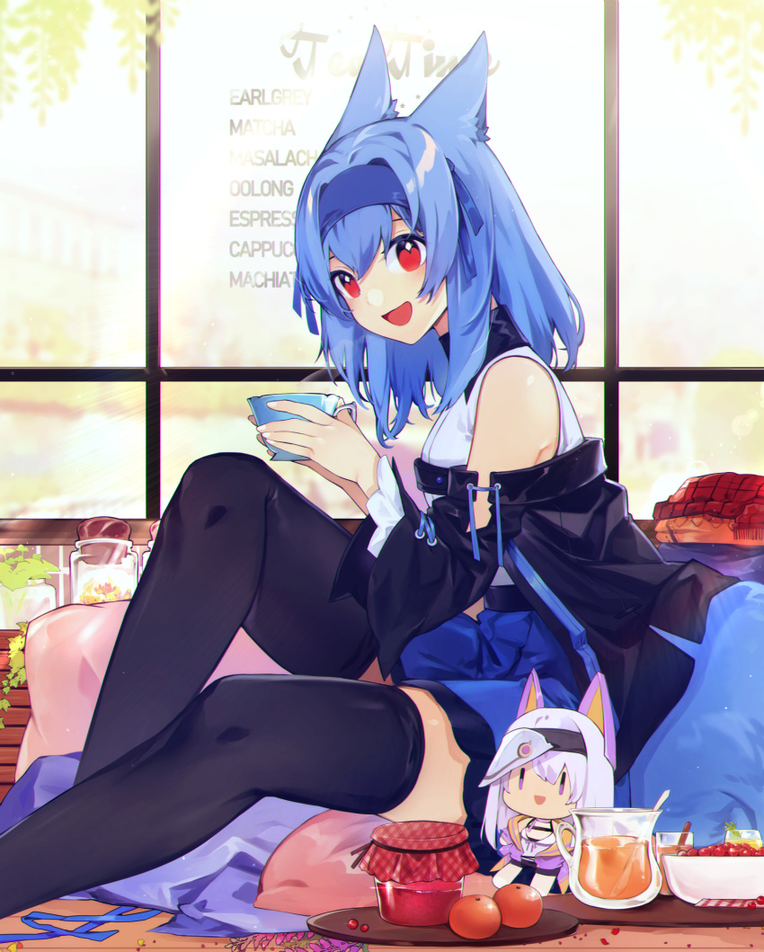 animal_ears bare_shoulders black_jacket black_thighhighs blue_hair blue_hairband character_doll cup dog_ears dog_tail female hairband highres holding holding_cup jacket looking_at_viewer medium_hair off_shoulder open_mouth original profile red_eyes rene_(rirene) rirene_rn shirt sitting skirt solo tail teacup thighhighs white_shirt zonea_(akizone)